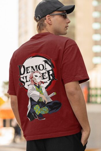 Sabito Demon Slayer t-shirt back print t-shirt featuring iconic fox mask and sword design in premium DTF print on 100% cotton maroon fabric