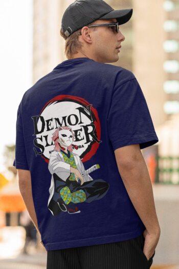 Demon Slayer t-shirt back print t-shirt featuring iconic fox mask and sword design in premium DTF print on 100% cotton navy blue fabric