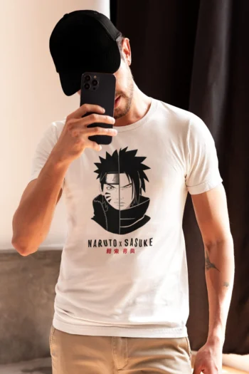 Naruto x Sasuke Front and Back Anime Printed T-Shirt Half Sleeve Crew Neck