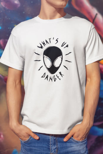 Spider-Verse What's Up Danger white t-shirt with alien graphic design unisex cotton t-shirtn-danger-white