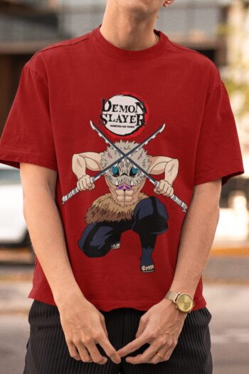 Inosuke Demon Slayer t-shirt featuring dual swords design and fierce character portrait on premium red cotton with DTF print