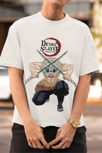 Inosuke Demon Slayer t-shirt featuring dual swords design and fierce character portrait on premium white cotton with DTF print