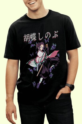 Person wearing Shinobu Kocho Demon Slayer t-shirt styled with casual anime fan streetwear showing Insect Hashira design placemen