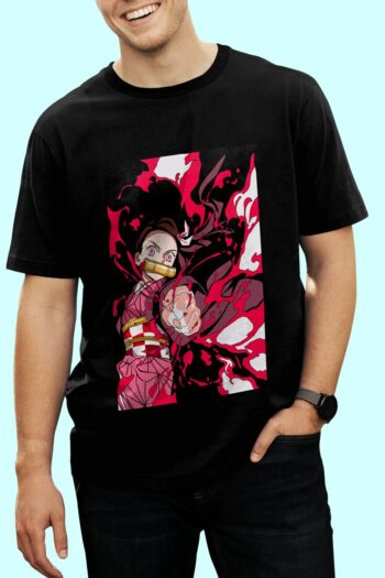 Nezuko Demon Slayer t-shirt featuring her iconic demon form with pink hair, bamboo muzzle and striking demon design on premium black cotton fabric