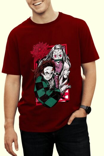 Tanjiro and Nezuko Demon Slayer t-shirt featuring the iconic duo with Tanjiro's determined expression and Nezuko's powerful demon form on premium maroon cotton