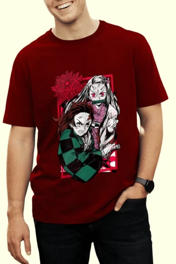 Tanjiro and Nezuko Demon Slayer t-shirt featuring the iconic duo with Tanjiro's determined expression and Nezuko's powerful demon form on premium maroon cotton