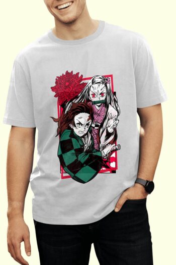 Tanjiro and Nezuko Demon Slayer t-shirt featuring the iconic duo with Tanjiro's determined expression and Nezuko's powerful demon form on premium white cotton