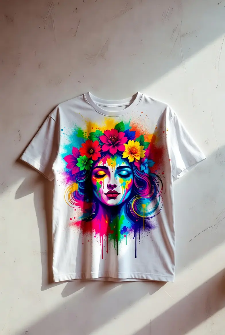 007c7d1d-1e01-440a-81ab-ab6b7ca1b3b0 Floral Splash Holi T-Shirt with vibrant colorful festival artwork printed on premium white cotton unisex tee