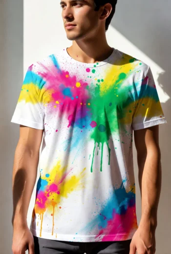 Color Splash Holi T-Shirt with vibrant multi-color paint splashes printed on premium white cotton unisex tee
