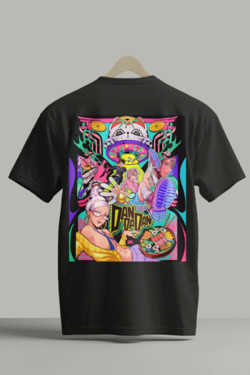 DanDaDan anime graphic t shirt featuring Momo Ayase Okarun Turbo Granny and creepy granny with colorful manga back print