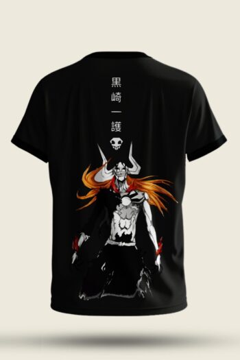Bleach Hollow Ichigo anime t-shirt with front logo and detailed back print in black premium cotton streetwear design