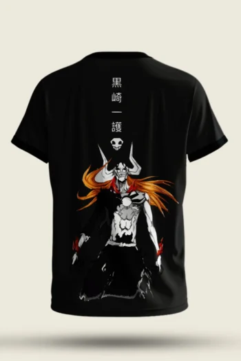 Bleach Hollow Ichigo anime t-shirt with front logo and detailed back print in black premium cotton streetwear design