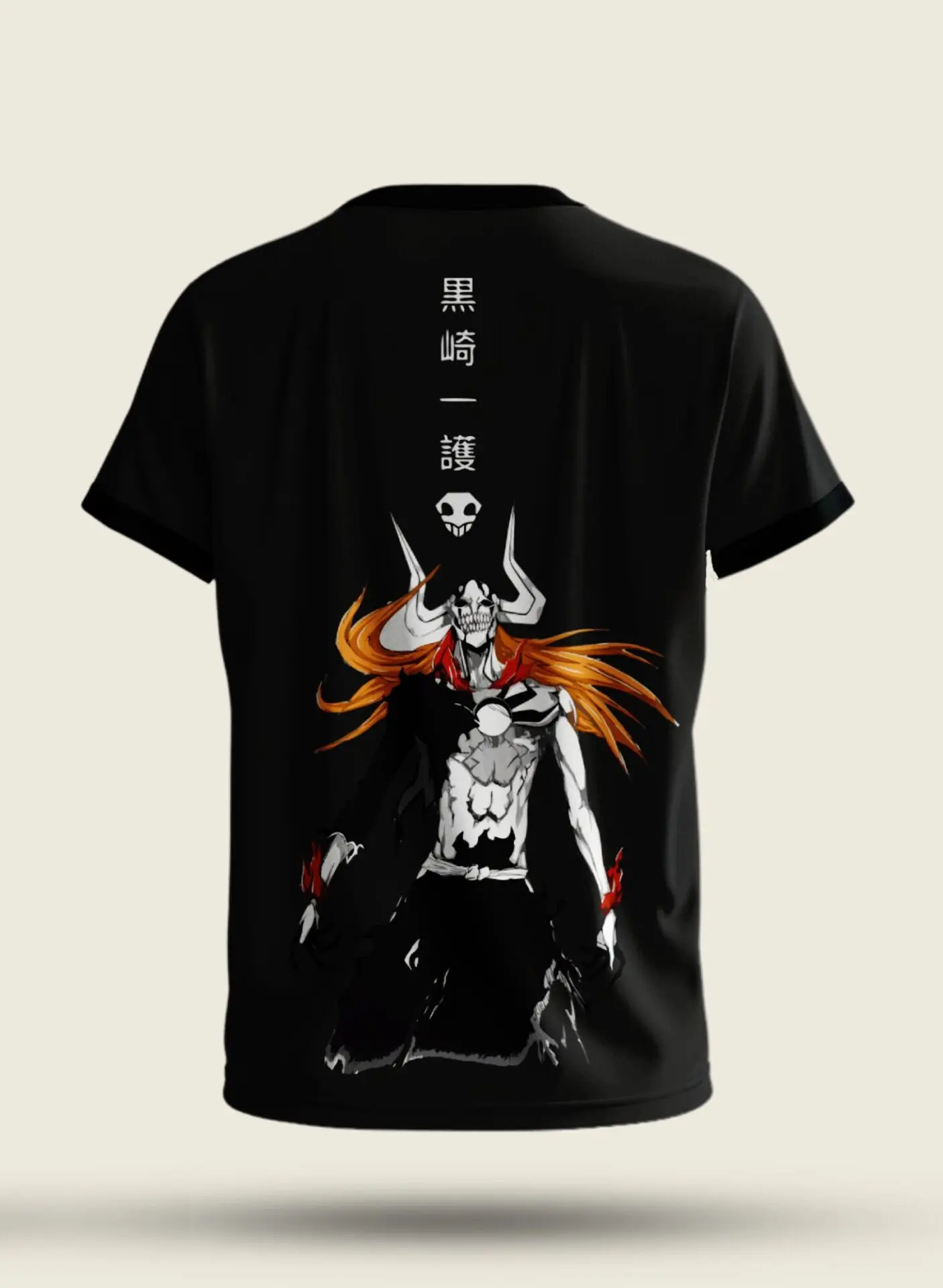 bleach-hollow-ichigo-anime-tshirt-back-india Bleach Hollow Ichigo anime t-shirt with front logo and detailed back print in black premium cotton streetwear design