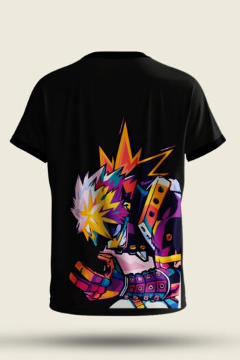 My Hero Academia Katsuki Bakugo explosion anime t-shirt with front symbol and colorful back print in black premium cotton streetwear design