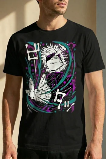 Gojo Satoru anime graphic t-shirt for men with Japanese streetwear design in premium cotton