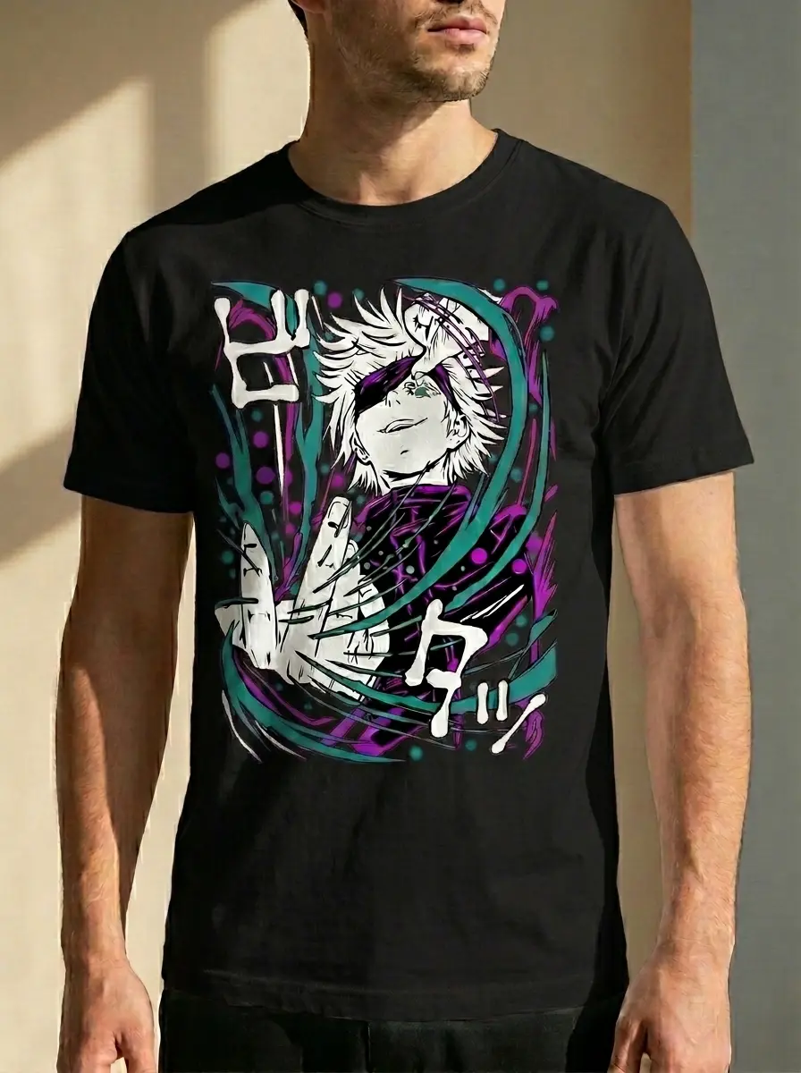 Minimalist_t-shirt_mockup_luxury_202605111621 Gojo Satoru anime graphic t-shirt for men with Japanese streetwear design in premium cotton