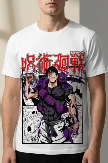Toji Fushiguro anime graphic T-shirt featuring Jujutsu Kaisen manga-style streetwear design