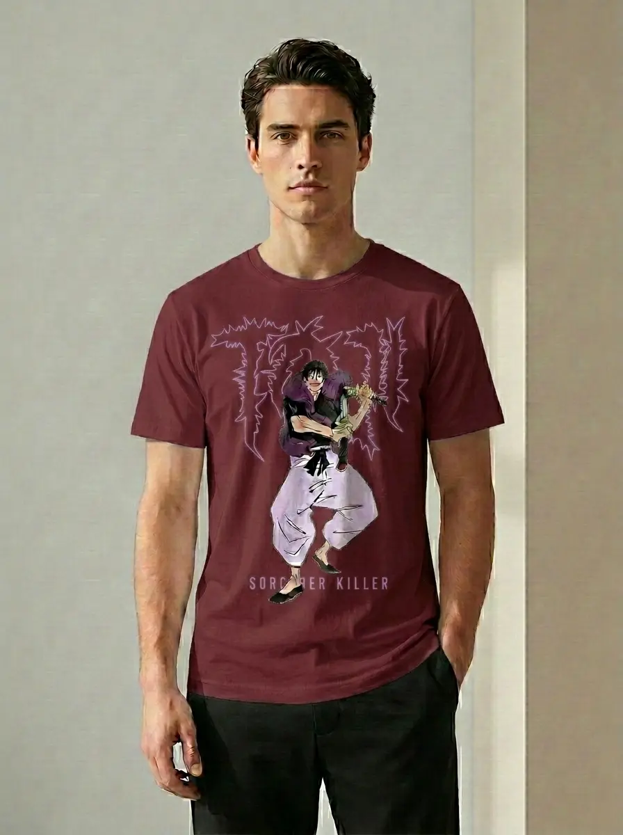 Minimalist_t-shirt_mockup_luxury_202605191314 Sorcerer Killer anime graphic t-shirt with purple manga warrior design on white premium cotton tee for anime streetwear fans
