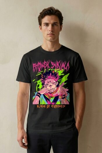 Sukuna King of Curses anime graphic t-shirt with neon manga artwork printed on premium white cotton streetwear tee