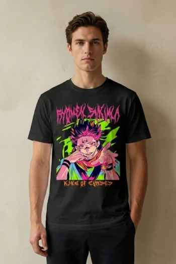 Sukuna King of Curses anime graphic t-shirt with neon manga artwork printed on premium white cotton streetwear tee