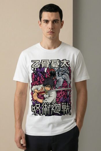 Cursed Blade Warrior anime graphic t-shirt with manga-inspired sword fighter and cursed monster streetwear design