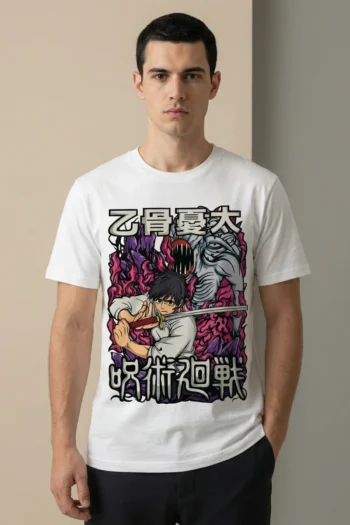 Cursed Blade Warrior anime graphic t-shirt with manga-inspired sword fighter and cursed monster streetwear design