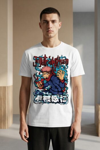Cursed Energy Yuji anime graphic t-shirt with manga-inspired streetwear artwork and blue cursed aura design by Akrinity