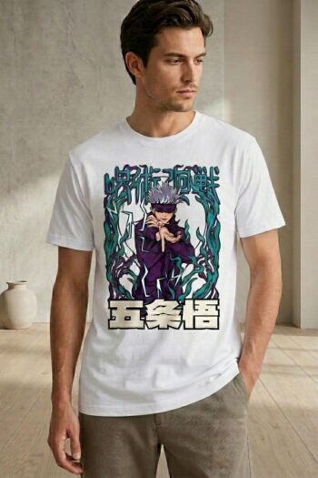 Gojo inspired anime graphic t-shirt with cursed energy manga streetwear design by Akrinity