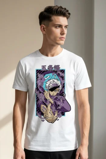 Gojo inspired anime graphic t-shirt with infinity manga streetwear artwork for men and women by Akrinity
