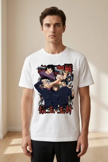 Jujutsu Legends anime graphic t-shirt with manga-inspired sorcerer squad artwork on premium white cotton streetwear tee