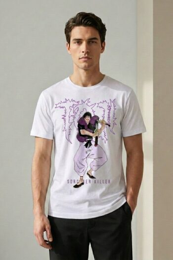Sorcerer Killer anime graphic t-shirt with purple manga warrior design on white premium cotton tee for anime streetwear fans