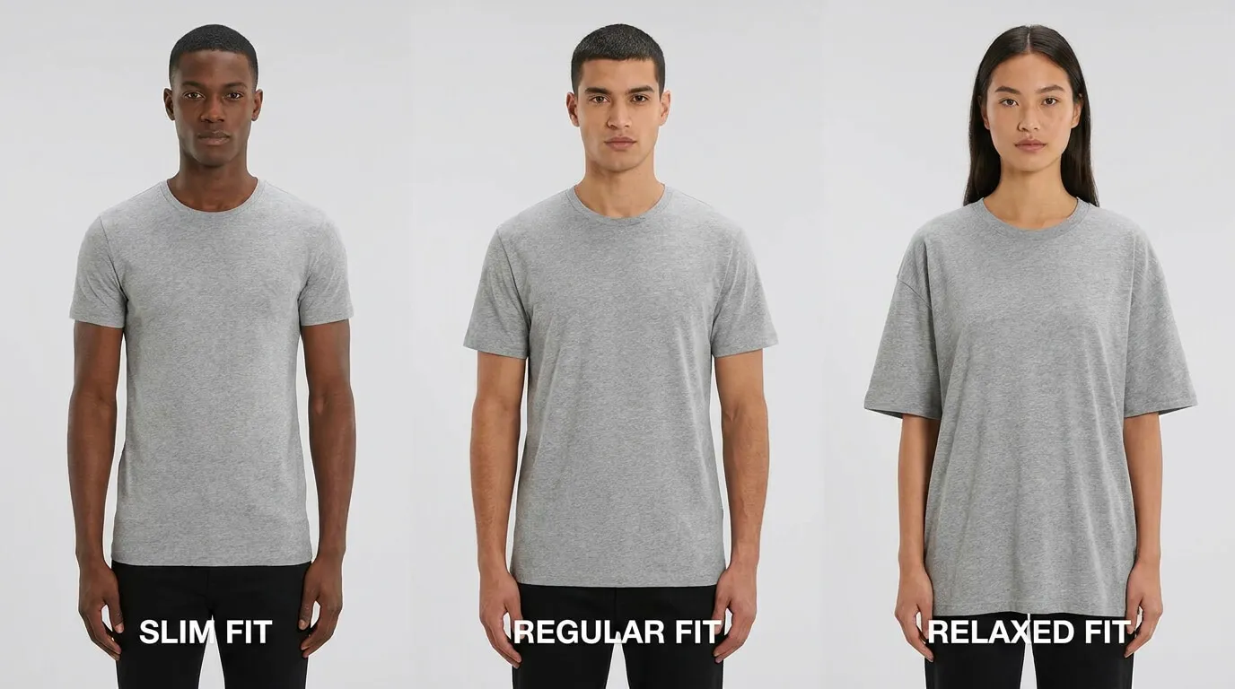 Slim fit regular fit and relaxed fit t-shirts