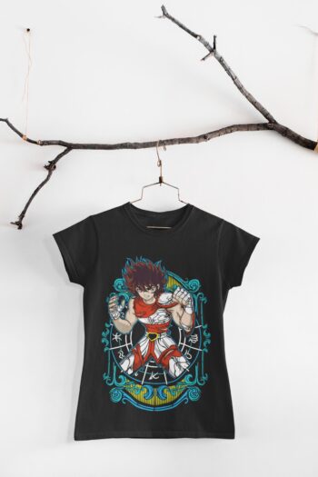 Cosmic Pegasus Knight anime graphic t-shirt featuring a retro manga warrior design on a premium white cotton unisex tee
