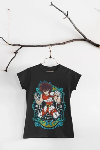 Cosmic Pegasus Knight anime graphic t-shirt featuring a retro manga warrior design on a premium white cotton unisex tee