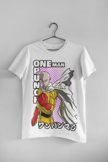 One Punch Hero anime graphic t-shirt featuring manga-inspired hero artwork on premium white cotton streetwear tee for anime fans.