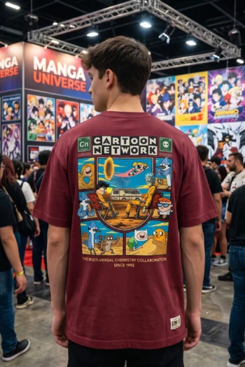 Akrinity Cartoon Network Multiversal Chemistry oversized olive green graphic t-shirt featuring a minimalist front chest print and large multiverse-inspired back print on 100% premium cotton with premium DTF printing.