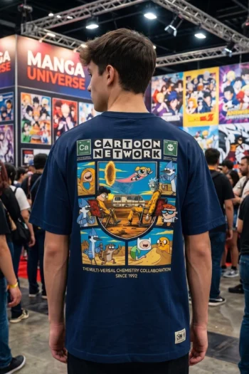 Akrinity Cartoon Network Multiversal Chemistry oversized olive green graphic t-shirt featuring a minimalist front chest print and large multiverse-inspired back print on 100% premium cotton with premium DTF printing.