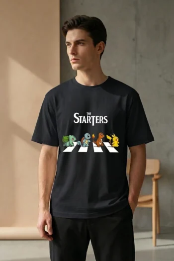 Akrinity The Starters Pokémon graphic t-shirt in black featuring Bulbasaur, Squirtle, Charmander and Pikachu on 100% premium cotton with premium DTF printing