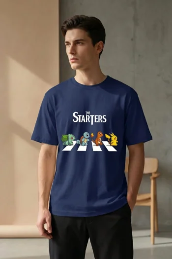 Akrinity The Starters Pokémon graphic t-shirt in black featuring Bulbasaur, Squirtle, Charmander and Pikachu on 100% premium cotton with premium DTF printing