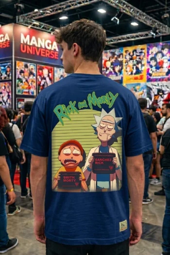 Akrinity Rick and Morty front and back graphic t-shirt featuring a minimalist front logo and oversized mugshot-inspired back print on 100% premium cotton with premium DTF printing.