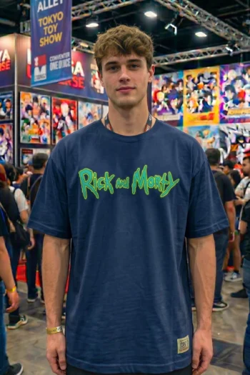 Akrinity Rick and Morty front and back graphic t-shirt featuring a minimalist front logo and oversized mugshot-inspired back print on 100% premium cotton with premium DTF printing.